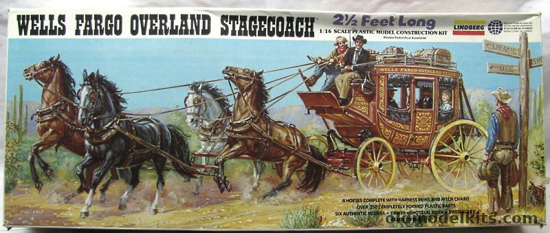 Lindberg 1/16 Wells Fargo Overland Concord Stagecoach with Figures and Horses, 351 plastic model kit